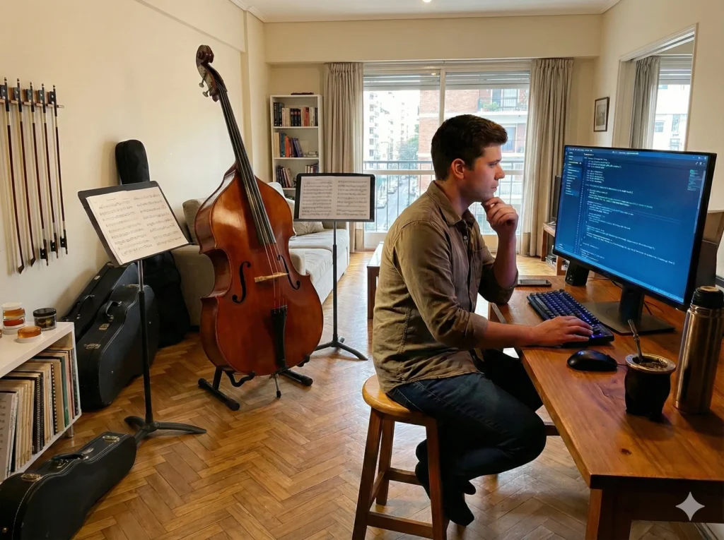 Escritorio de trabajo en departamento de Buenos Aires con computadora, mate, partituras de orquesta y accesorios de contrabajo.