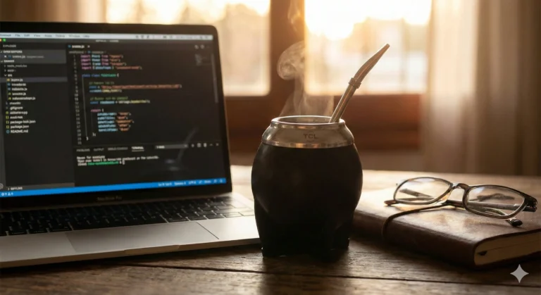 Laptop mostrando código de programación junto a un mate argentino con el logo TCL grabado, anteojos y un cuaderno de cuero en un escritorio de madera iluminado por el sol.