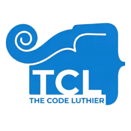 Logo de The Code Luthier. Isotipo azul que fusiona una voluta de contrabajo y corchetes de código, con el nombre de la marca en la parte inferior.