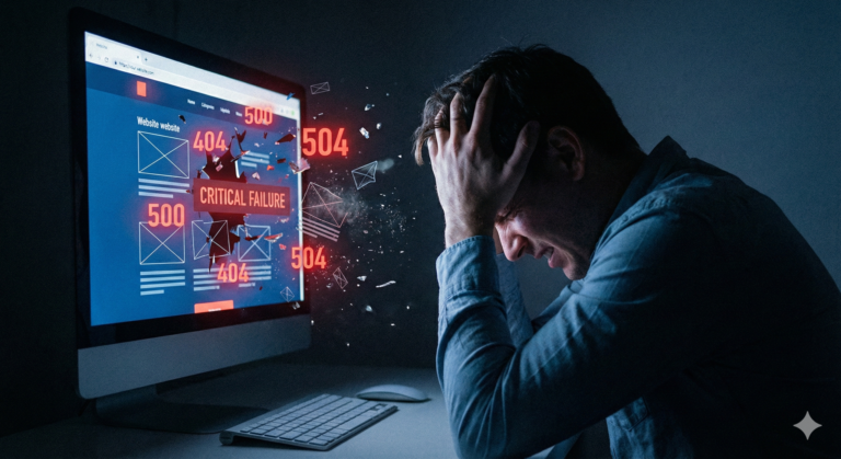 Persona estresada frente a una computadora mostrando errores críticos 404 y 500, representando la pérdida de ventas por mal rendimiento web.