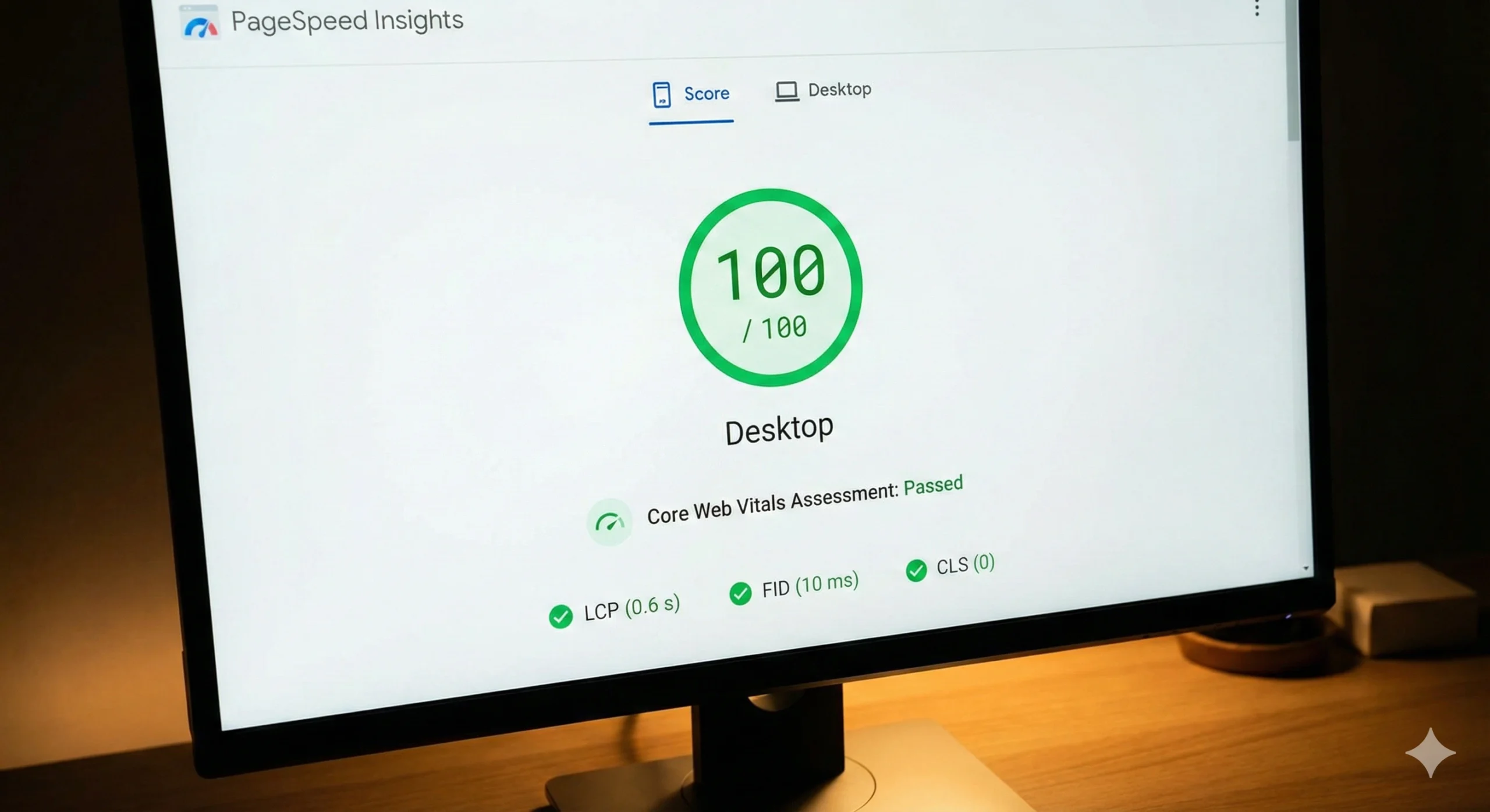 Captura de Google PageSpeed Insights con puntaje 100/100 y Core Web Vitals aprobados.