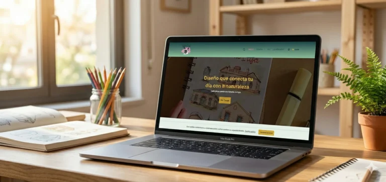 Captura de pantalla del sitio web Estilo Indi en un MacBook Pro sobre un escritorio de diseño, mostrando estética minimalista y natural.