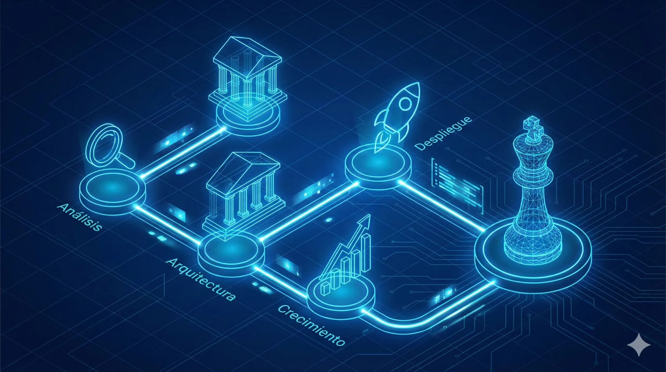 Diagrama de flujo estratégico estilo blueprint mostrando un roadmap de proyecto con íconos de crecimiento y una pieza de ajedrez.