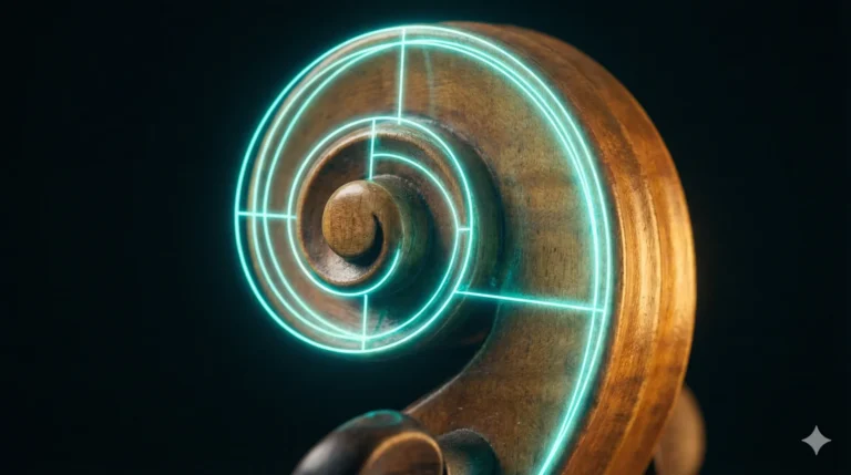 Fotografía macro cinematográfica de la cabeza tallada en madera de arce de un violín antiguo. Una estructura de alambre de luz neón cian brillante superpuesta traza perfectamente la espiral dorada de Fibonacci sobre las curvas orgánicas de la madera, iluminada con luz cálida de tungsteno contra un fondo negro profundo.