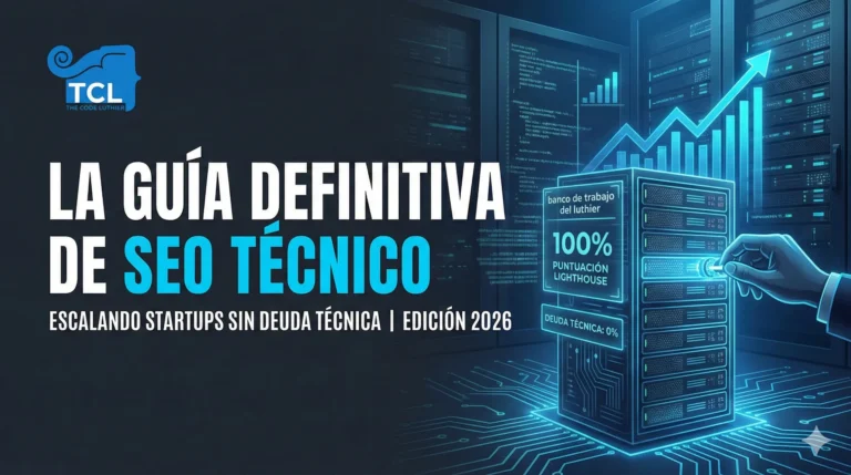 Portada de la Guía Definitiva de SEO Técnico de The Code Luthier, mostrando un servidor digital siendo "afinado" como un instrumento musical de precisión, con indicadores de 100% en Lighthouse y 0% de deuda técnica en un entorno tecnológico minimalista profesional.