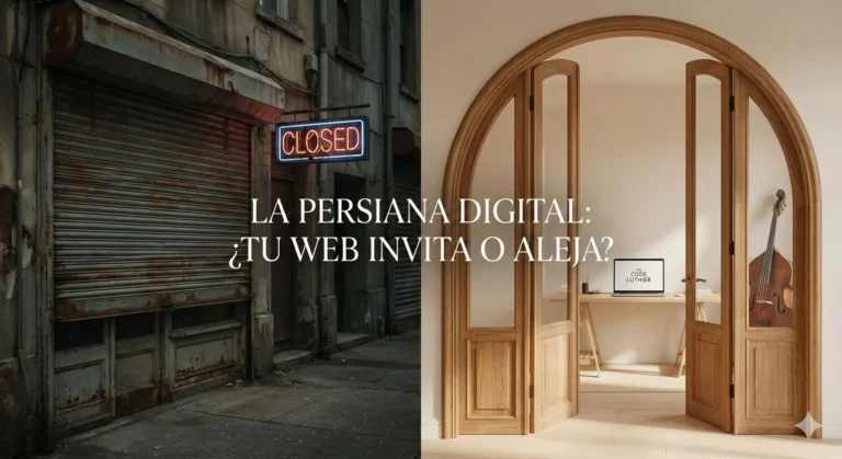 Imagen dividida: a la izquierda, una persiana metálica cerrada y oxidada en una calle oscura; a la derecha, un arco de madera elegante que abre paso a un estudio luminoso con un contrabajo y una laptop con el logo de The Code Luthier.