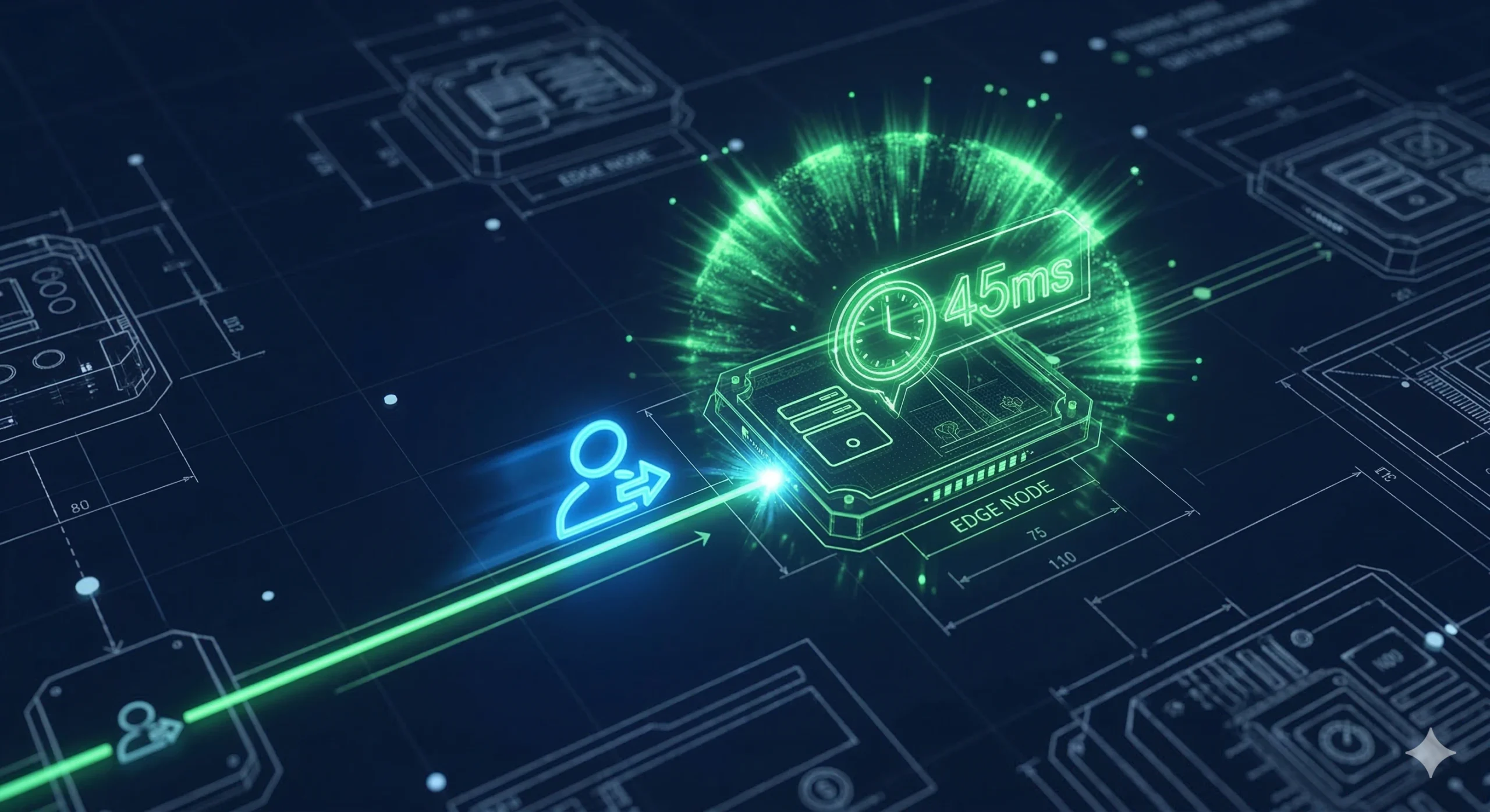 Infraestructura Silenciosa: Por qué tu servidor es la acústica de tu software Diagrama técnico estilo blueprint mostrando un pulso de datos golpeando instantáneamente un nodo de borde (Edge Node) en Buenos Aires con un TTFB bajo de 45ms.