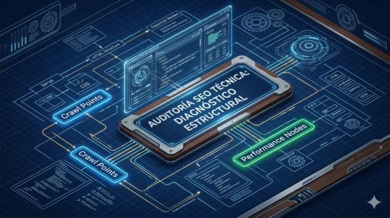 Diagrama técnico estilo blueprint con el título AUDITORÍA SEO TÉCNICA, mostrando una interfaz de diagnóstico de software con métricas de performance.