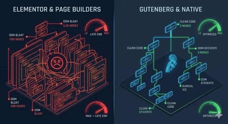 Infografía estilo blueprint que compara la estructura pesada de Elementor con la arquitectura limpia y eficiente de Gutenberg.