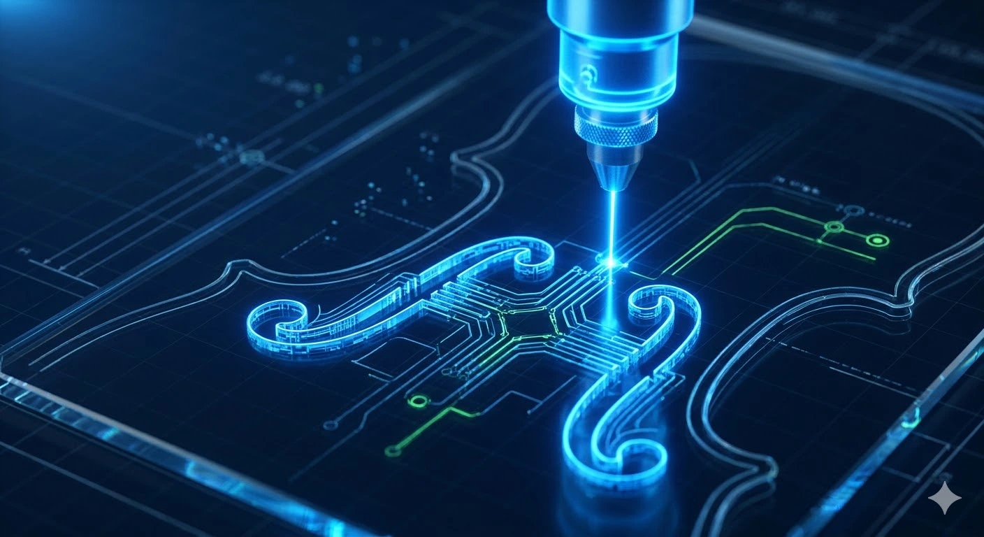 Rendering Estático vs. Dinámico: El compás oculto del SEO moderno Primer plano técnico de un grabado láser digital sobre cristal, simbolizando la precisión del pre-renderizado de una web estática.