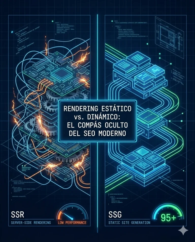 Infografía técnica estilo blueprint con el título RENDERING ESTÁTICO vs. DINÁMICO, comparando la eficiencia de SSG frente a la latencia de SSR.