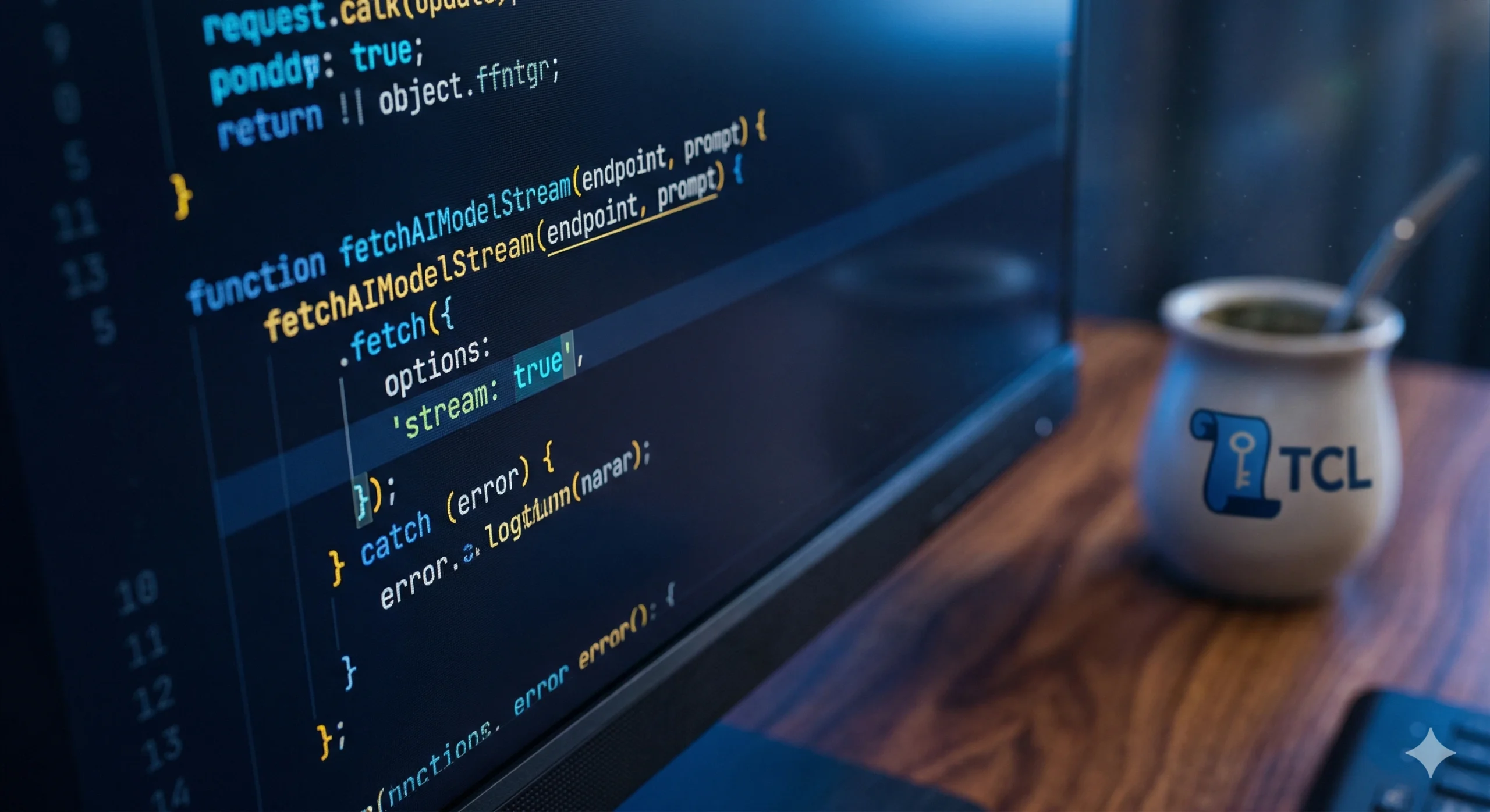 Integración de IA y APIs: Escalando la inteligencia de tu producto Primer plano técnico de una interfaz de código en VS Code mostrando una función de streaming para una API de IA con luz cian y azul.