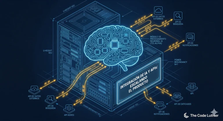 Diagrama técnico estilo blueprint con el título INTEGRACIÓN DE IA Y APIs, mostrando conexiones neuronales integradas en un servidor de alta fidelidad.